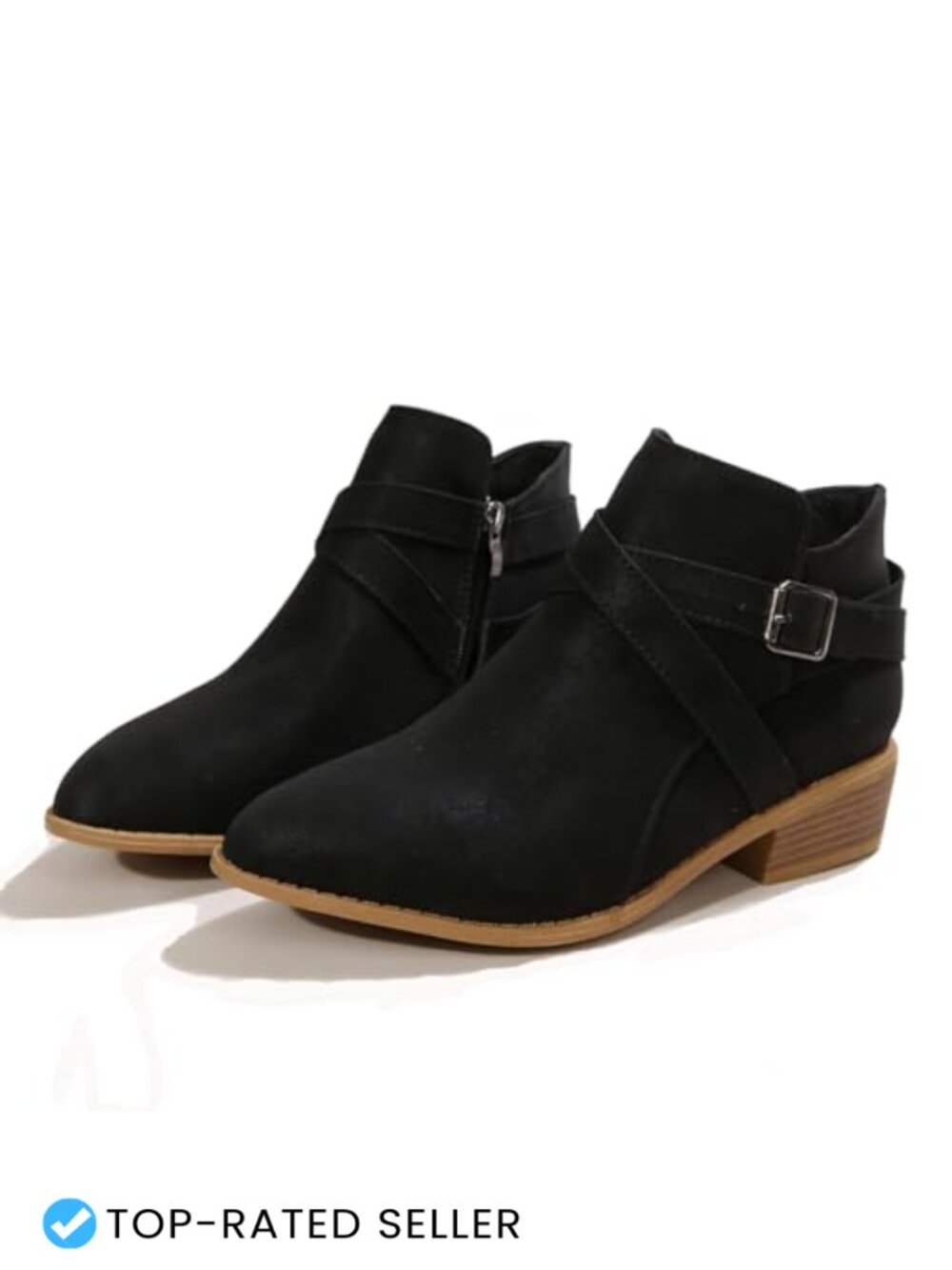 Faux Leather Ankle Boots Block Heel Side Zip Buckle Strap Round Toe Booties